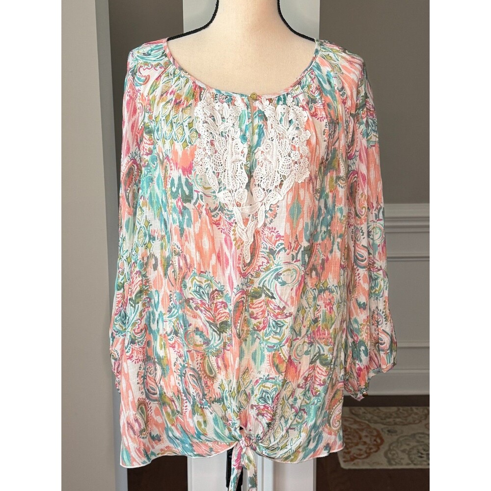 Spense Paisley Gauze Top w/Lace Trim and Tie Waist Sz 1X